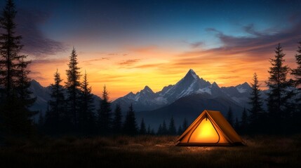 Camping adventure in the mountains sunrise glow scenic landscape outdoor serenity nature photography