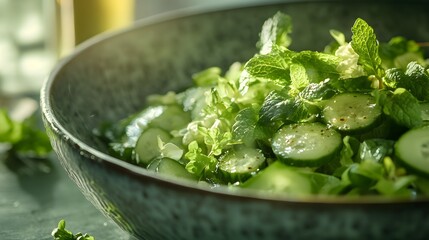 Obraz premium Refreshing Cucumber Mint Salad with Lemon in a Beautiful Bowl, Perfect for Summer Entertaining