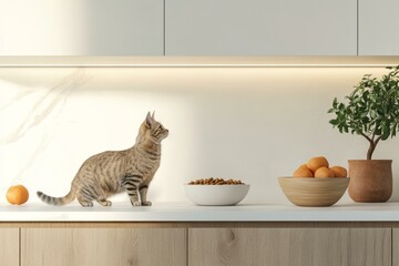 Cat standing on kitchen counter beside bowl of fresh fruit and vegetables