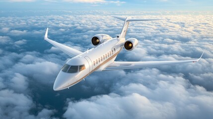 Obraz premium Private jet flying over cloudy skies aerial view aviation travel luxury experience