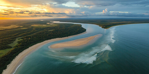 Aerial drone photograph river flow into ocean, meandering rivers sea landscape side view drone-shot