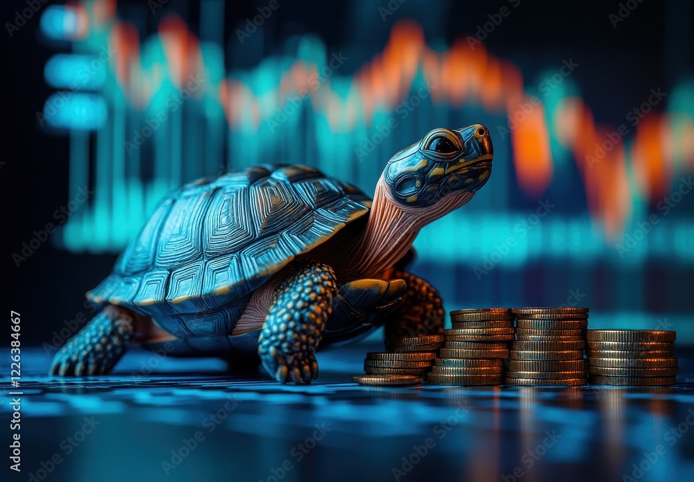 Poster turtle figurine in front of stacks of coins against a colored financial chart background representin