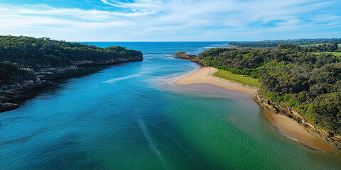 Aerial drone photograph river flow into ocean, meandering rivers sea landscape side view drone-shot