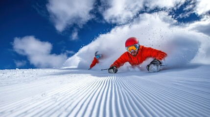 Epic Skiing Adventure: Two Skiers Carving Through Powder Snow on a Sunny Day