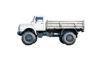 Durable Off-Road Truck: A sturdy white pickup truck with a wooden bed and large off-road tires, ready to tackle any terrain. The side view showcases its robust design and capability.  