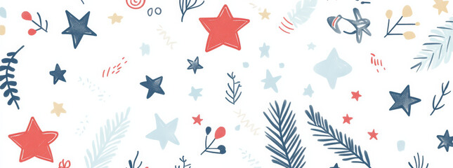 Colorful stars and leaves on light background create playful pattern