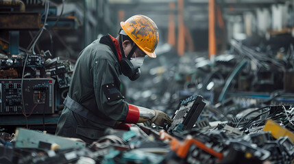Workers wear helmet and safety suite sorting and processing electronic waste at a recycling factory