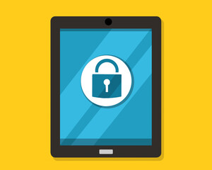 Obraz premium Tablet device with padlock icon on the screen. Smartlock device. Padlock security and digital protection. Elements for antivirus, cyber security, and web design. Vector illustration. 