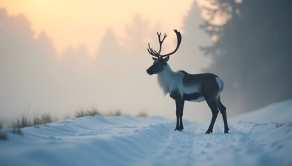 Fototapeta premium Reindeer in Foggy Winter Scene