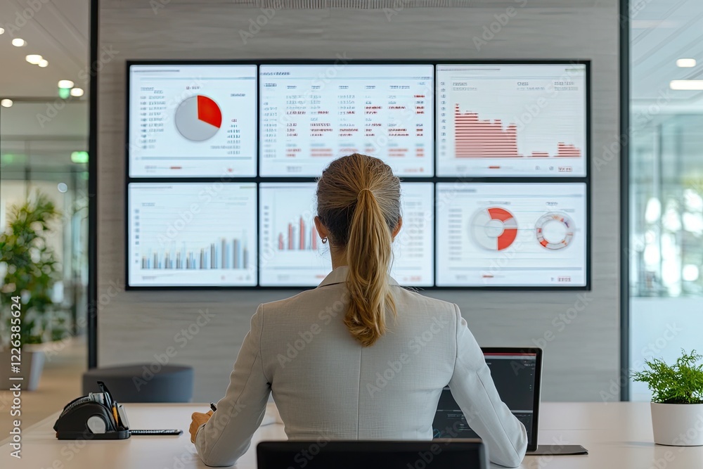 Poster a woman analyzes data on multiple screens in a modern office, focusing on graphs and charts for deci