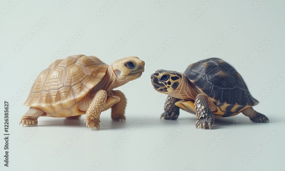 Poster two adorable turtles facing each other on a bright surface, showcasing their unique shell patterns a