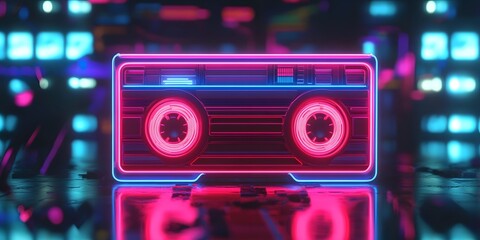 Retro Neon Sign in the Shape of a Cassette Tape with Vibrant Colors and an 80s Aesthetic Vibe
