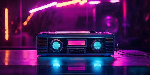 Retro 90s Boombox with Neon Lights and Cassette Tape for a Nostalgic Vibe