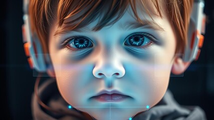 Close up portrait of a young child with digital overlays representing technology, future, and childhood, technology, close up, futuristic