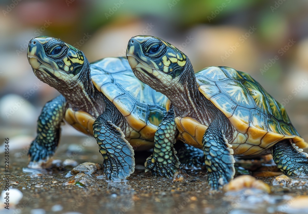 Poster two colorful turtles crossover a wet surface, showcasing their vibrant shell patterns and scaly feet