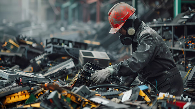 Workers wear helmet and safety suite sorting and processing electronic waste at a recycling factory