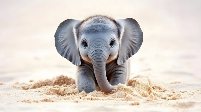 Playful baby elephant exploring soft sand wildlife sanctuary animal photography natural habitat close-up innocence - Powered by Adobe