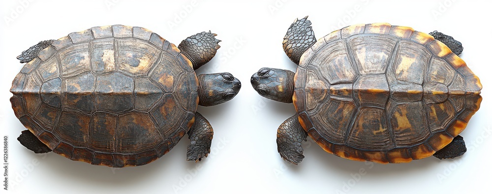 Poster two tortoises facing each other on a white background with shell patterns and diverse textures showc