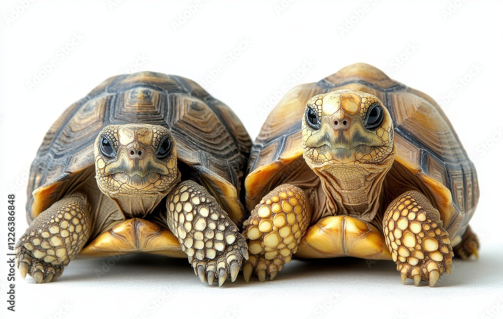 Poster two tortoises positioned side by side exhibiting distinct shell patterns and colors on a neutral bac