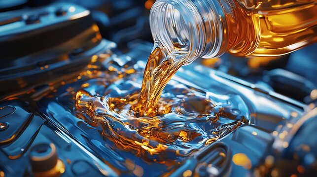 Amber engine oil pours smoothly into metal casing vibrant blue hues. AI Generated