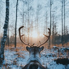 Obraz premium Reindeer in Snowy Forest at Sunset Winter Wonderland Scene