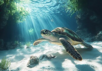 Obraz premium Underwater Scene with Sea Turtle Swimming Through Clear Blue Ocean Water with Sunlight Rays Illuminating Coral Reef and Sandy Sea Floor