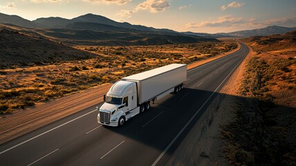 Autonomous vehicle testing concept. A white truck driving along a deserted highway surrounded by mountains and a golden landscape under a blue sky.