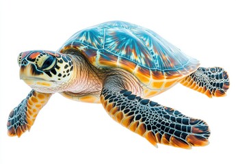 Fototapeta premium Vibrant and Detailed Sea Turtle Swimming Gracefully Underwater in a Clear Blue Ocean Environment Capturing Nature's Stunning Marine Life Elements