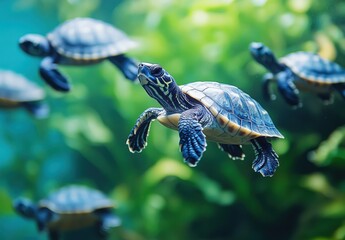 Obraz premium Vibrant and Graceful Turtles Swimming Peacefully Underwater Surrounded by Lush Greenery and a Calm Aquatic Environment