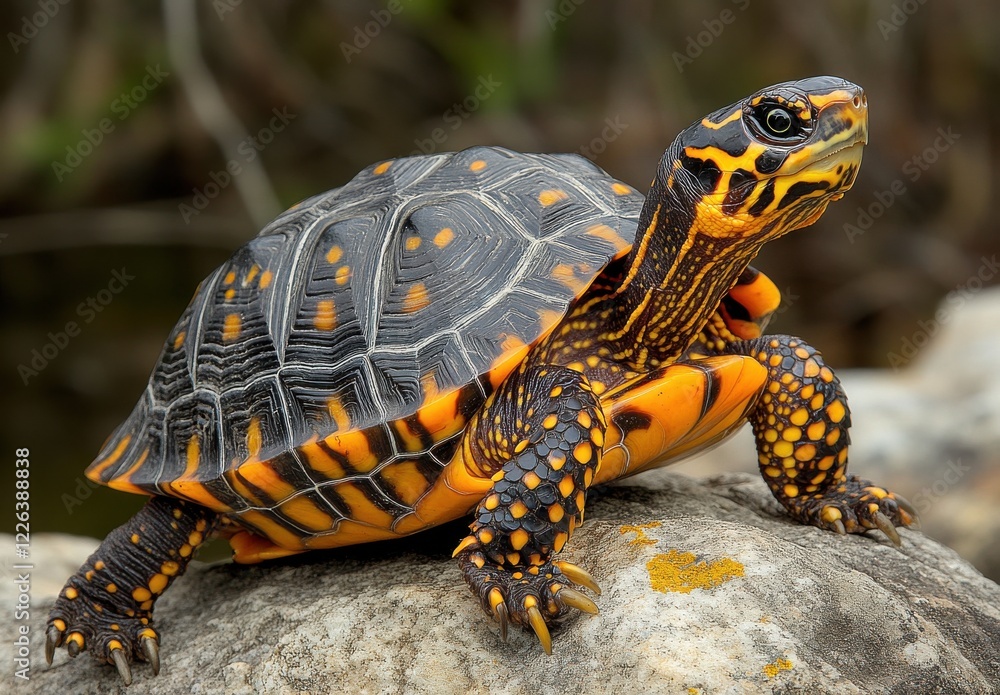 Poster vibrant eastern box turtle resting on a rock by a tranquil water source in natural habitat with colo