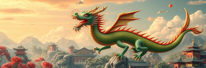 Fototapeta premium Green wooden dragon soaring above a serene traditional Chinese landscape, showcasing ancient artistry in this AI-generated masterpiece, flying, cultural heritage, artistry