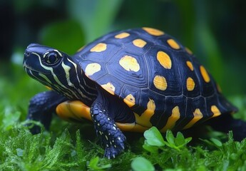 Obraz premium Vibrant Indian Star Turtle Crawling on Lush Green Mossy Ground with Bright Yellow and Black Pattern in Natural Habitat