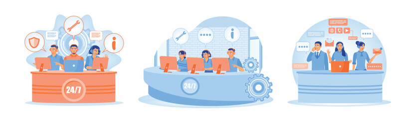 Set illustration of 24/7 customer support team on workstation.