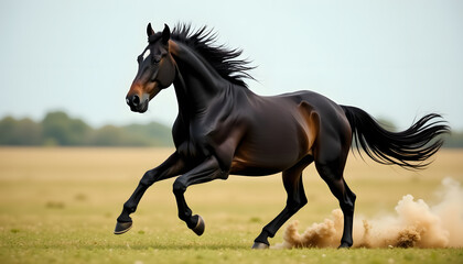 Obraz premium Black Horse Galloping Field Close Up
