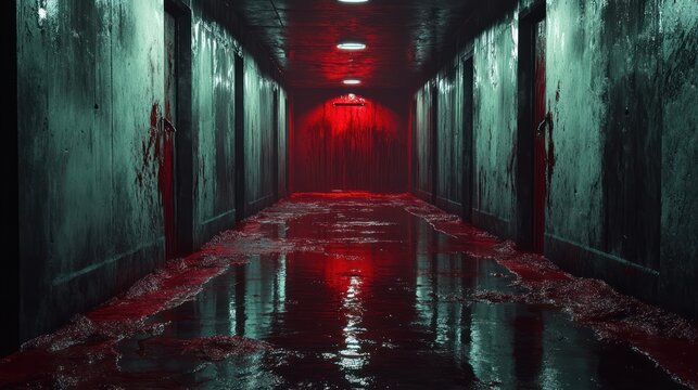 Blood Pool in a Dark Concrete Room Eerie Horror Scene with Flickering Lights and Grunge Walls