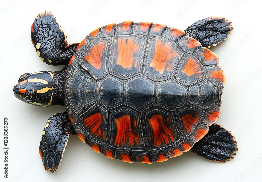 Poster vibrant red-eared slider turtle captured in a studio setting against a clean white background, showc