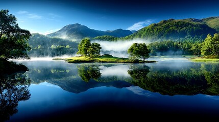 Fototapeta premium Misty morning lake, island trees reflecting, mountains background; nature serenity scene