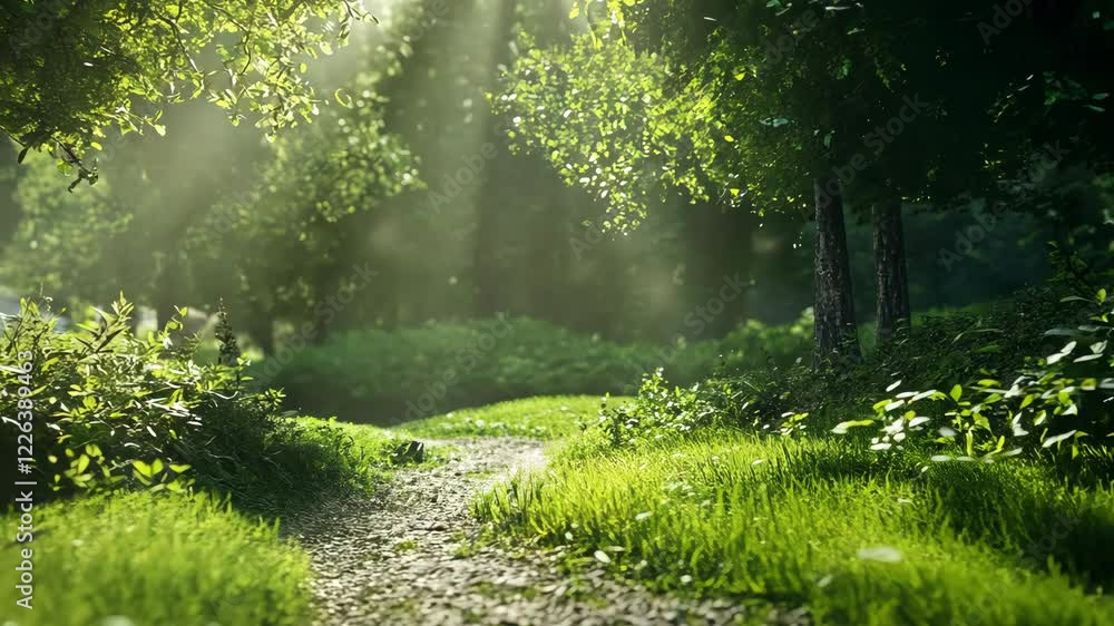 Poster nature trail winds through lush greenery with sunlight filtering through trees in a serene forest se