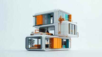 Modern Prefabricated Modular Home Design Featuring Stacked Living Spaces and Large Windows