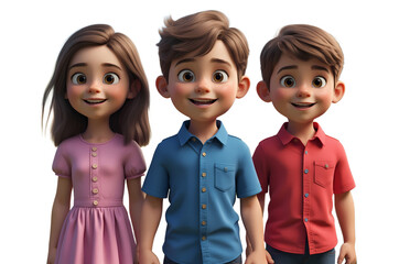 cheerful 3D render of a group of little cartoon children tansparent Background	