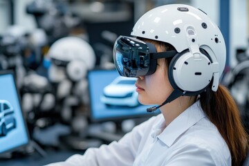 Autonomous vehicle testing concept. A woman wearing a VR headset and helmet, engaged in a technology-focused environment with screens displaying vehicles.