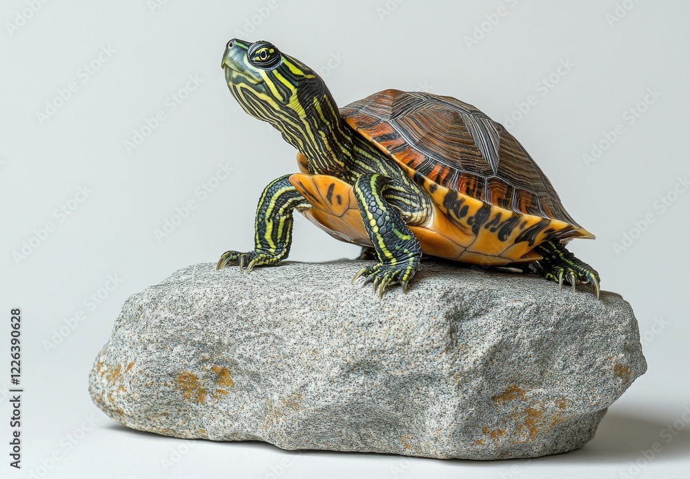 Poster vibrant turtle perched on a rock, showcasing its colorful shell and intricate patterns, perfect for 