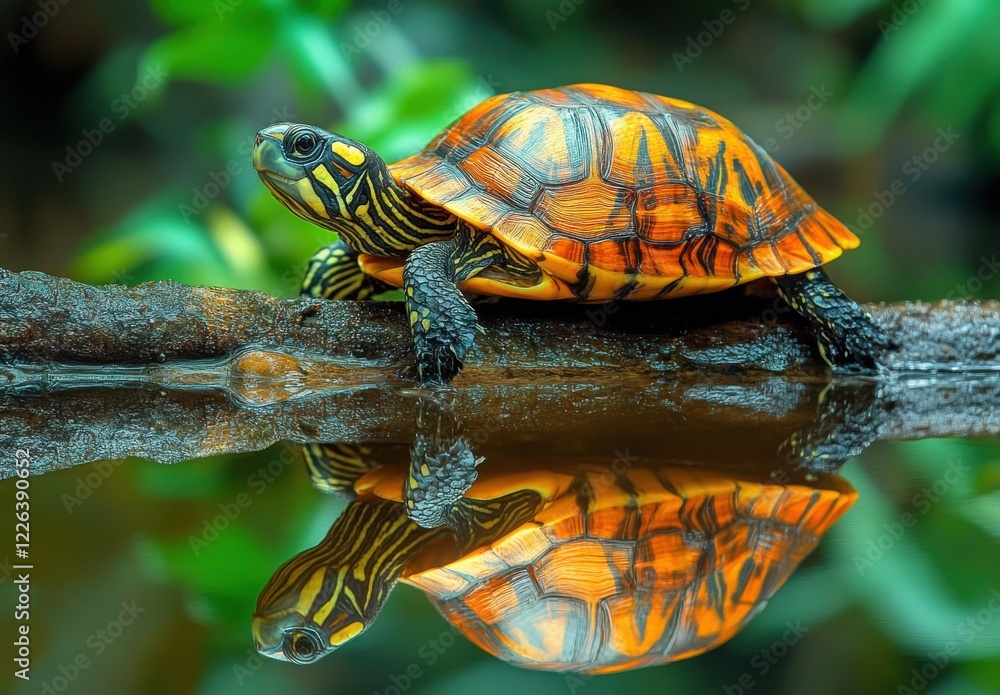 Poster vibrant turtle resting on a branch with reflected reflection in a calm water surface surrounded by l