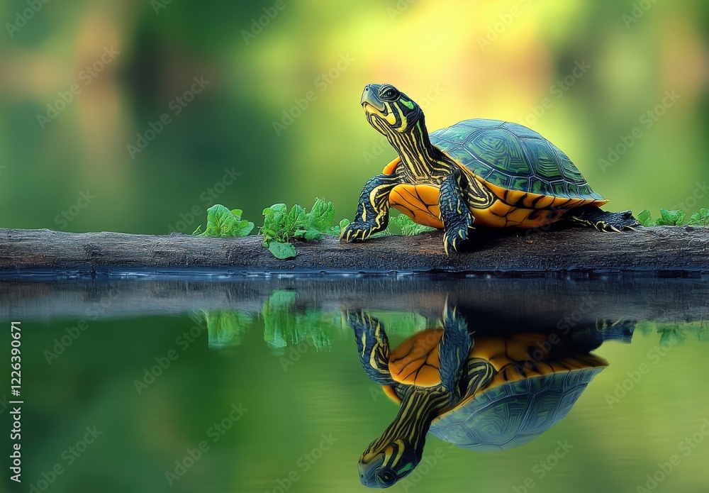 Poster vibrant turtle resting on a log with lush green background and serene reflection in calm water under