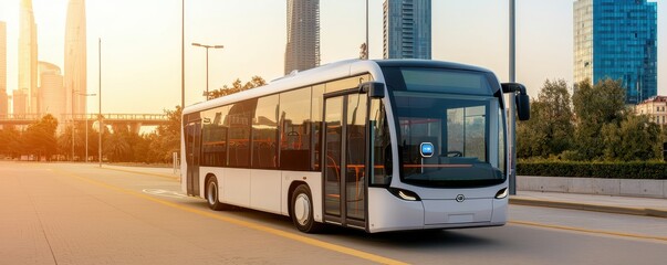 Autonomous vehicle testing concept. Modern bus driving through an urban environment during sunset, showcasing city life and transportation.