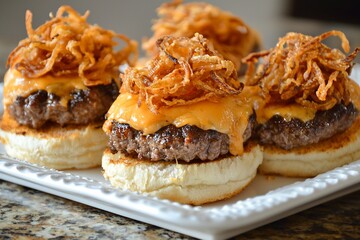 Delicious gourmet sliders topped with crispy onions served on a decorative plate in a cozy kitchen