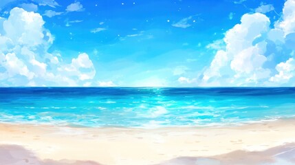 Obraz premium Serene beach scene with blue ocean, bright sky, and soft sand.