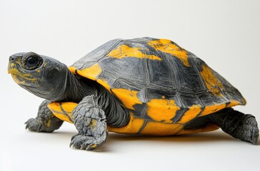 Fototapeta premium Vibrant Yellow and Gray Tortoise on Neutral Background Displaying Unique Shell Patterns and Features in a Captivating Angle