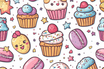 Colorful and playful cupcake pattern featuring various desserts and stars on a white background