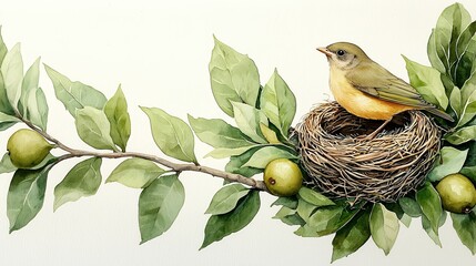 Watercolor painting of a small bird resting on its nest nestled within vibrant green foliage and small fruits on a tree branch